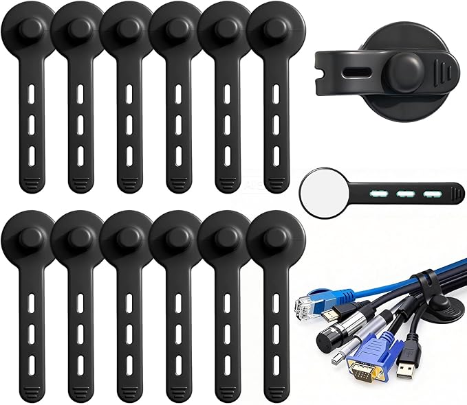 12Pcs Silicone Integrated Design Cable Management for Computer, TV, Machine Cords in Homes, Offices, Schools, Classrooms and Factories, Adjustable Elastic Self Adhesive Cord Organizers, Black