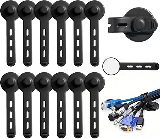 12Pcs Silicone Integrated Design Cable Management for Computer, TV, Machine Cords in Homes, Offices, Schools, Classrooms and Factories, Adjustable Elastic Self Adhesive Cord Organizers, Black