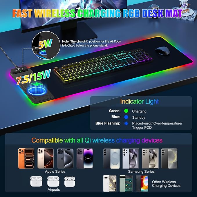 RGB Mouse Pad with Foldable Phone Stand Wireless Charger, 31.5"x11.8" XL Gaming Mousepad Large Desk Mat, Desk Pad with 11 Colors 5 Modes, Waterproof (Black with PD Adapter)