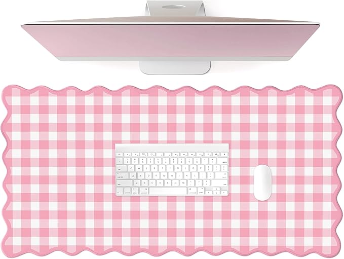 Scalloped‌ Pink Checkered Gingham Desk Mat Cute Pastel Large Mouse Pad Kawaii Cottagecore ‌Vintage‌ Girly Laptop Keyboard Computer Mat Pad Aesthetic Cozy Office Desk Decor for Women