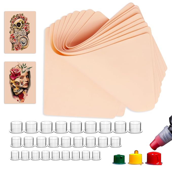 310PCS Tattoo Practice Kit - Fake Skin and Ink Caps Set With 300 Mixed Pigment Cups (#9 Small, #13 Medium, #16 Large) and 10 Practice Skins - Tattoo Supplies