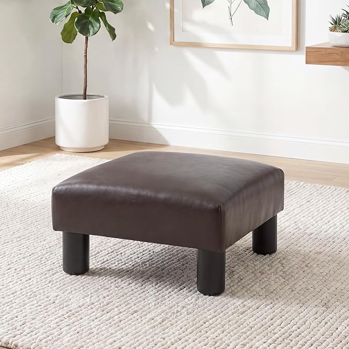 Joveco Small Foot Rest Stool Ottoman, 15" Leather Footrest Square Footstool with Non-Skid Plastic Legs, for Chair, Under Desk, Office, Living Room, Brown