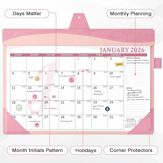 Ospelelf Desk Calendar 2026-2027 with Storage Pocket Protective Cover Large 12"x17" Leather Monthly Wall Planner Pad 18 Months January 2026 - June 2027 Pink