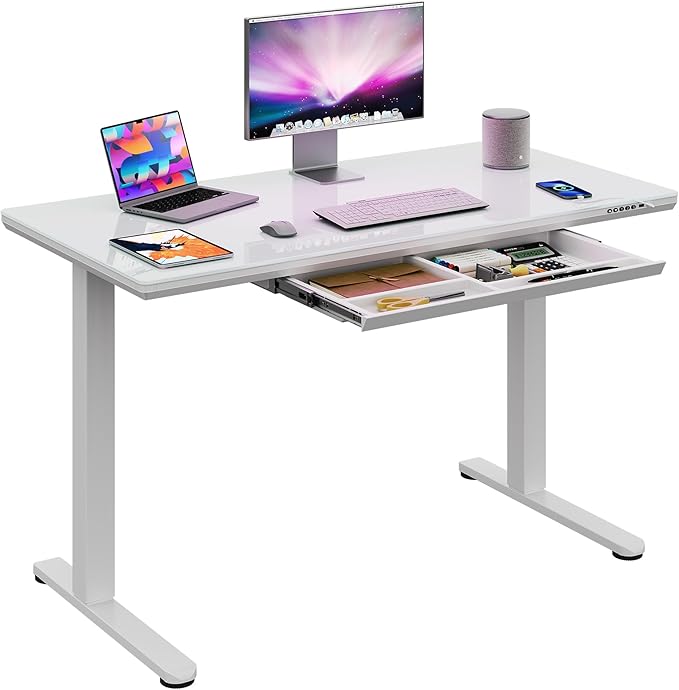 DEVAISE 48 Inch Electric Standing Desk, 3 Adjustable Computer Desk for Home Office, with LED Touchscreen，Headphone Hook, 3 Memory Preset, with One-Piece Glass Desktop, White
