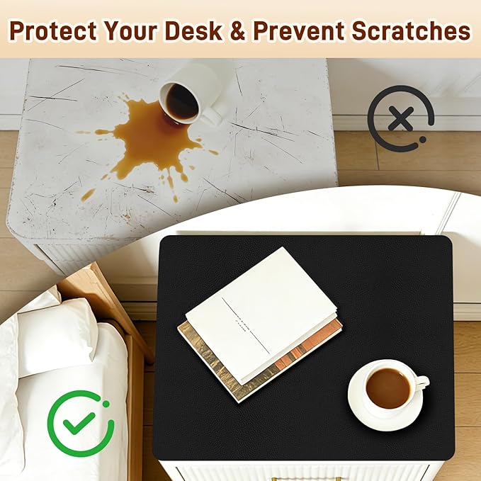 Cuttable PU Leather Nightstand Mat - 15.7x11.8in, Waterproof, Heat Resistant & Non-Slip Night Stand Accessories, Bedside Table Mat, Dresser Protector Top, End Table Cover, Small Desk Mat, Black