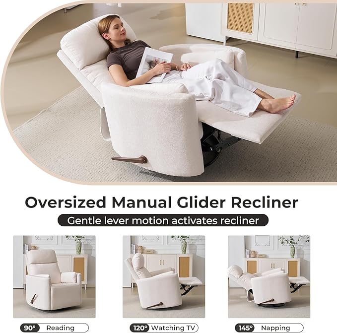 Oversized Swivel Recliner Chair with Massage and Heat, Rocking Chair Nursery with Adjustable Headrest, Rocking Chair Nursery Glider Chairs with 2 Pillows, Glider Rocker Recliner, White