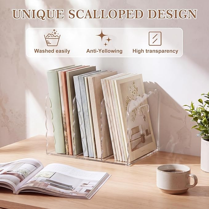 Suzile Scalloped Acrylic Magazine File Holder with Handle, 3-compartment Clear Desk Organizer Vertical Bookends Organization for Office, Binders, Documents, Magazines, Books(8.46 x 7.28 x 6.5 Inches)