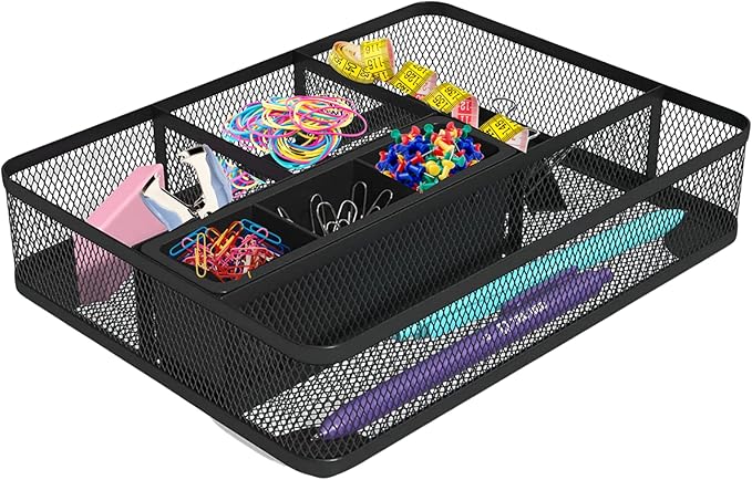 1InTheOffice Mesh Collection Desk Drawer Organizer Tray, 7 Compartment, Matte Black