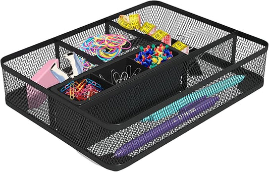 1InTheOffice Mesh Collection Desk Drawer Organizer Tray, 7 Compartment, Matte Black