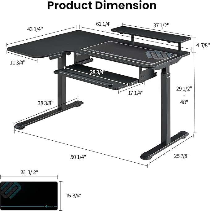 EUREKA ERGONOMIC 55 Inch L Shaped Electric Standing Desk, Height Adjustable Computer Gaming Desk with Keyboard Tray, Mouse Pad, Home Office Work,Carbon Fiber Black, Left Side