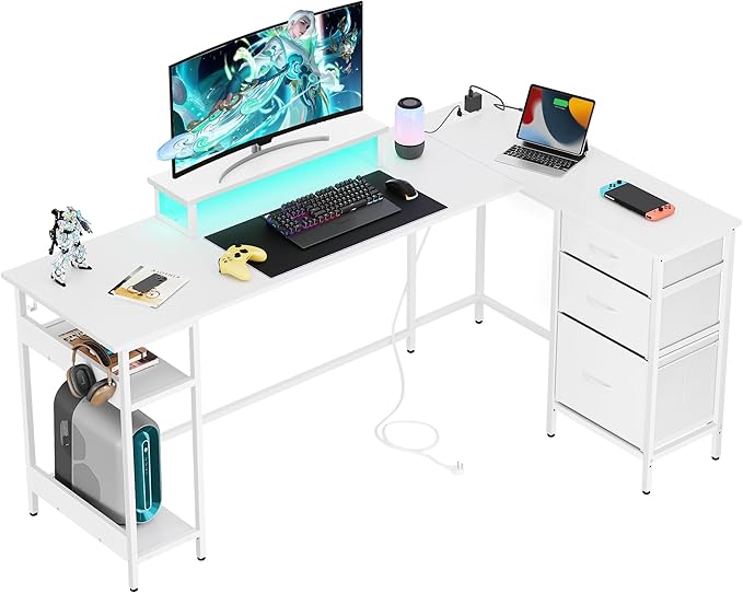 DEVAISE 66 Inch L Shaped Gaming Desk with Drawers and Storage, Corner Desk with LED Lights, Power Outlets, Computer Desk with Monitor Stand, Office Desk for Home, White