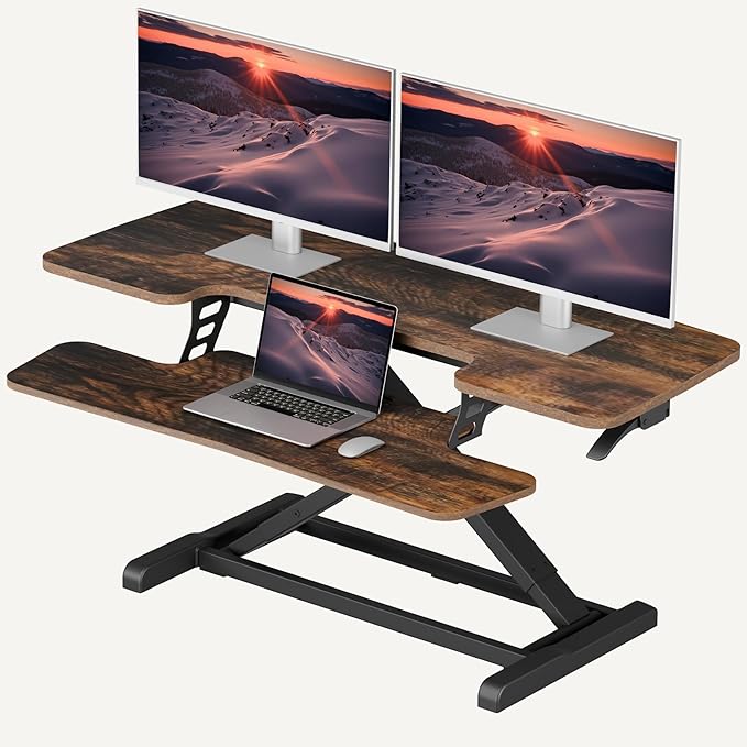 SANODESK 42" Extra Large Standing Desk Converter, Effortless Lift Sit-Stand Riser, Heavy Duty Multi-Device Workstation, Spacious Ergonomic Desktop Riser, Rustic Brown
