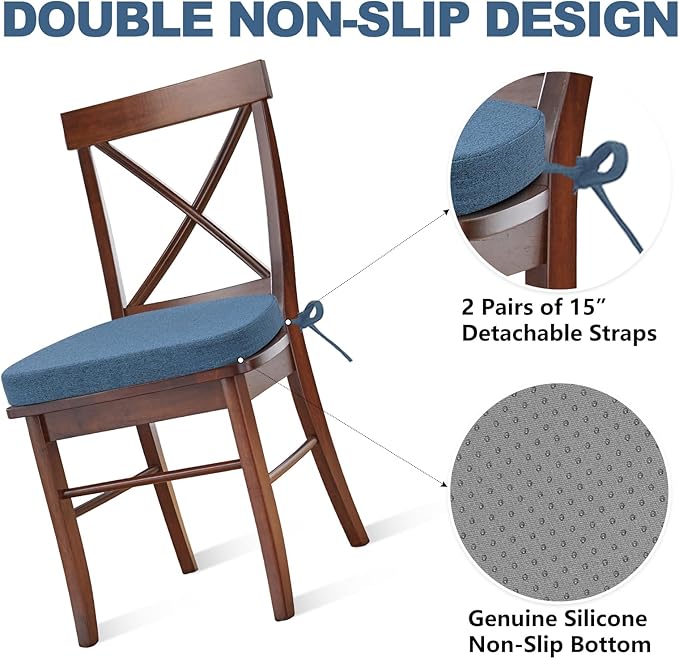 Shinnwa Chair Pads for Dining Chairs Set of 4, Non-Slip Kitchen Chair Cushions with Detachable Straps and Machine Washable Cover, 4 Pack, 17x16x2in, Blue