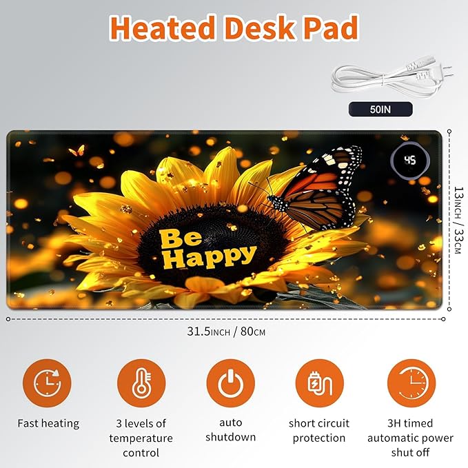 Heated Mouse Pad,Warm Desk Pad with 3 Levels Heating & 3 Hours Auto Shut-Off, PU Leather Heated Desk Pad Warmer Pad for Home Office - 31.5 x 13 inch,Luminous Sunflower Butterfly