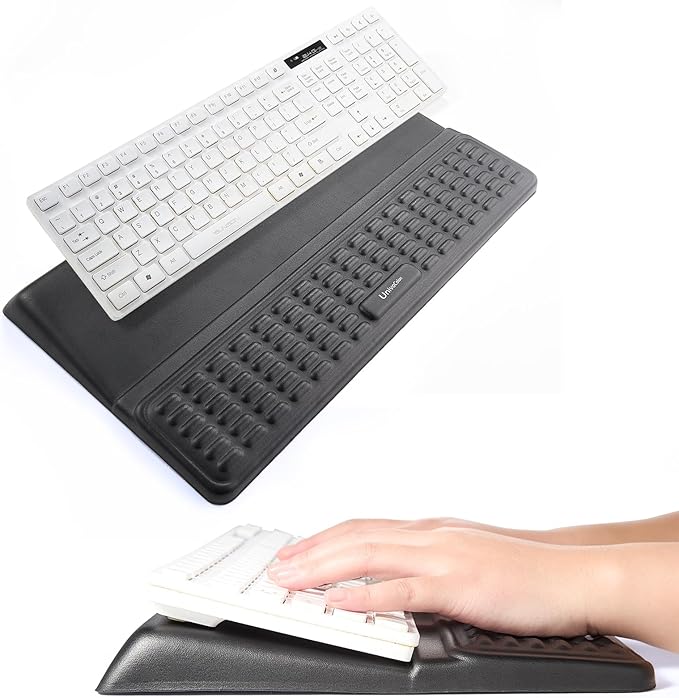 UnivoColors Keyboard Stand with Wrist Rest, high-Grade PU Leather, Soft Memory Foam Desk Cushion, Anti-Slip Silicone Base, Palm Hand Typing for Office Home School,Black,KP