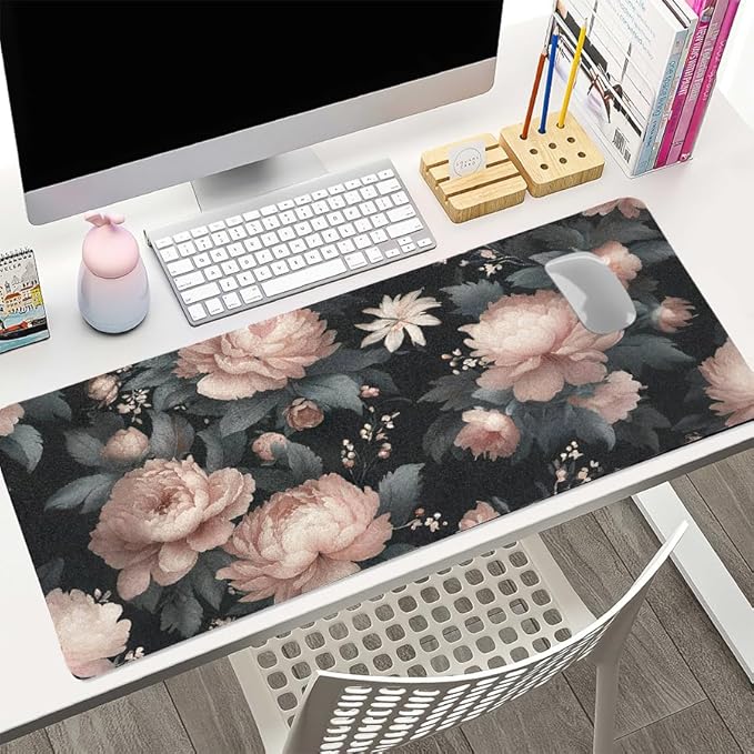 Luxurious Peony Floral Desk Mat, Elegant PU Leather Desk Pad for Women - Large Non-Slip Office Mat for a Stylish & Protected Gaming & Home Workspace（27.56 * 13.78in）