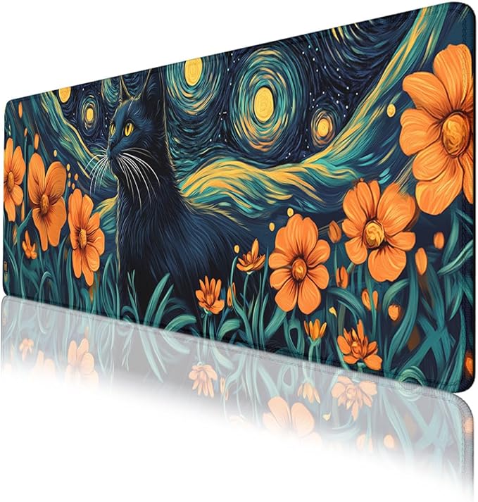 Cat Desk Pad Mouse Pad Mystic Starry Night Floral Modern Art Extended Gaming Mouse Pad Mat with Stitched Edge Non-Slip Base Big Mousepad 31.5"x11.8"