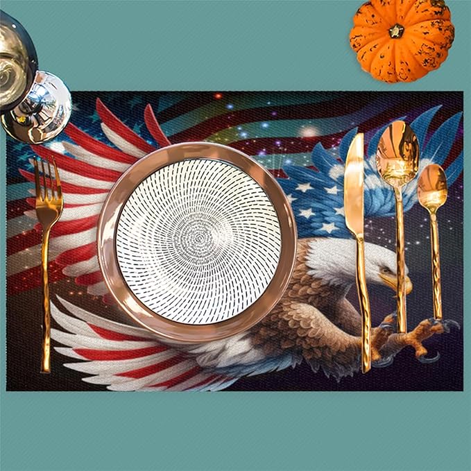 Placemats Set of 4 Heat-Resistant Rectangle Place Mats Independence Day Eagles Washable Plastic PVC Dining Table Mat Non-Slip Wipeable Woven Vinyl Placemat for Kitchen Patio Table Decor