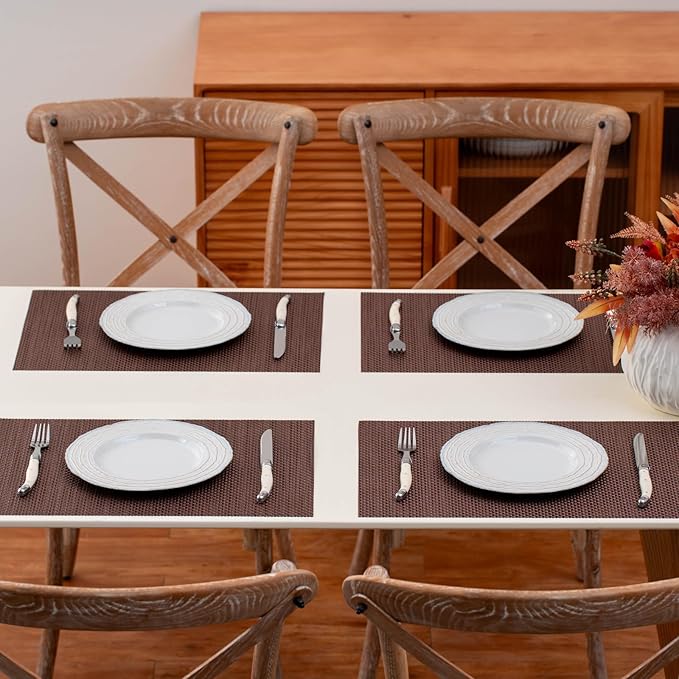 Placemats Set of 4, Heat Resistant Place Mats, Washable PVC Table Mats, Woven Vinyl Plastic Placemats for Dining Table, Non-Slip Stain Resistant Kitchen Table Placemats Easy to Clean?Dark Brown?