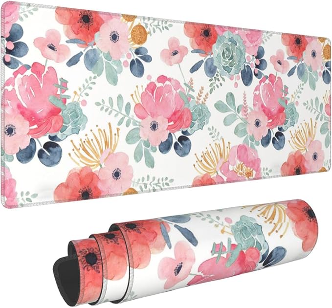 XL Flower Large Gaming Mouse Pad, Long Extended Full Floral Mouse Mat Desk Pad for Top Keyboard Table, Aesthetic Cute Big Stitched Mousepad Gifts for Women Office Decor(Pink, 31.5 * 11.8 in)