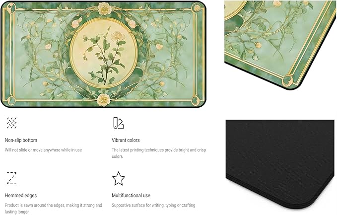 Rose Flower Desk Mat Green Desk Matt, Retro Flower Plant Mousepad, Large Extended Gaming Mouse Mat XXL, Big Laptop Keyboard Pad Mat, Women's Office Desk Decor, with Stitched Edges 31.5"X15.7"