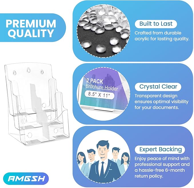 2 Pack 3 Tier Brochure Holder 8.5” x 11” - Acrylic Literature Holder with Removable Divider for 4” x 9” Brochure, Clear Flyer Holder Pamphlet Display Stand
