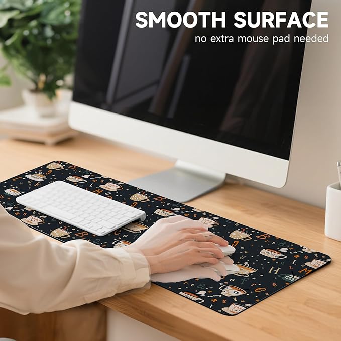 AUPET Leather Large Mouse Pad Desk Blotters – 35 x 17in Cute Desk Mat with PU Surface, Non-Slip Desk Pad Protector,Waterproof Desk Writing Pad for Office Home (Morning Coffee)
