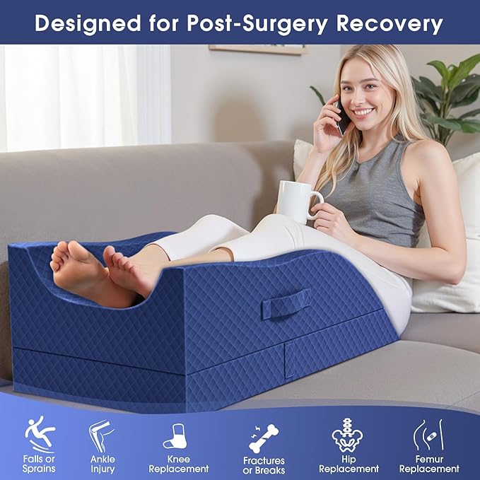 CushZone Leg Pillow, Leg Elevation Pillow with Pad and Memory Foam, Height Adjustable Bolster Pillow for Legs, Leg Pillow Elevation Blood Circulation, for Post-Surgery, Blue