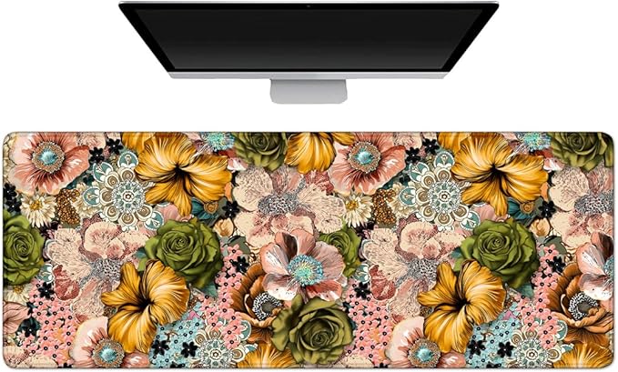 Gaming Mouse Pad Large Desk Mat Extended Keyboard Mouse Pad Mousepad with Non-Slip Base and Stitched Edge Mouse Mat Desk Pad Mouse Pads for Desk Home Office Gaming Retro Floral