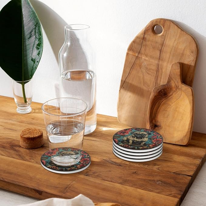 Pug Ceramic Drink Coasters Absorbent Set of 4 with Cork Bottom Bar Table Cupholder Coasters for Dog Mom Dad Lover Bedroom Patio Dining Glass Wooden Coffee Table Kitchen Office Desk