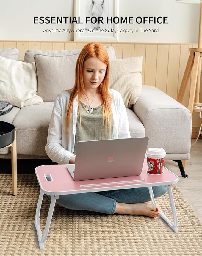 ZEAPTAC Laptop Bed Desk, Foldable Lap Desk, Portable Lap Table, Laptop Stand with Cup Holder & Tablet Slot & Lifting Handle for Working Writing Drawing & Eating - Rose Pink