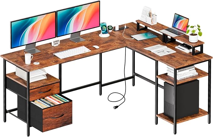 DUMOS L Shaped Gaming Desk with Charging Station & 2 Monitor Stands, Computer Desk with Drawer & Adjustable Storage Shelves, Large Corner Desk for Home Office, 62 Inch Rust Wood