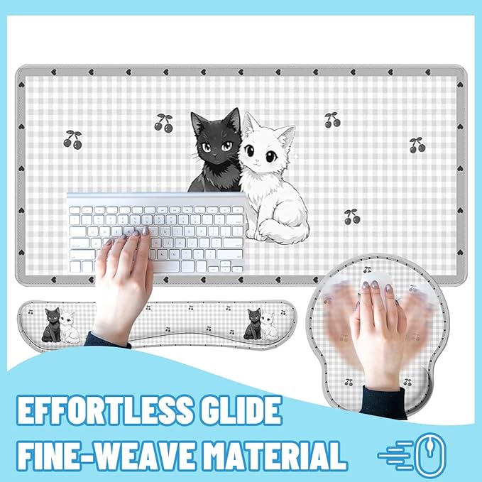 Cute Cat Desk Mat Set Gingham Cherry Cartoon Kitten Large Mouse Pad with Wrist Rest 4in1 Desk Mat for Desktop Ergonomic Computer Desk Arm Wrist Anti-Slip Computer Mouse Pad Home Office Gaming