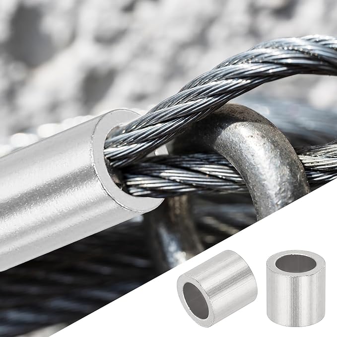 uxcell 1/4"(6mm) Aluminum Crimping Loop Sleeve, Wire Rope Stop Sleeve Round Crimp Ferrules for Wire Rope and Cable Ferrule, Silver 50Pcs