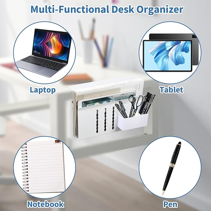 Desk Side Storage Organizer, Under Desk Laptop Holder with Magnetic Pen Holder, No Drill Hanging Desk Caddy for Office & Home, Clamp On Desk Shelf for Tablet, Files, Accessories (White)