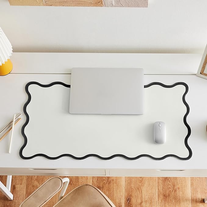 Scalloped Desk Mat, 31.5" x 15.7", PU Leather, Waterproof Anti-Slip, Cute Aesthetic Desk Pad for Office/Home/Game/Vanity (Black, Large)