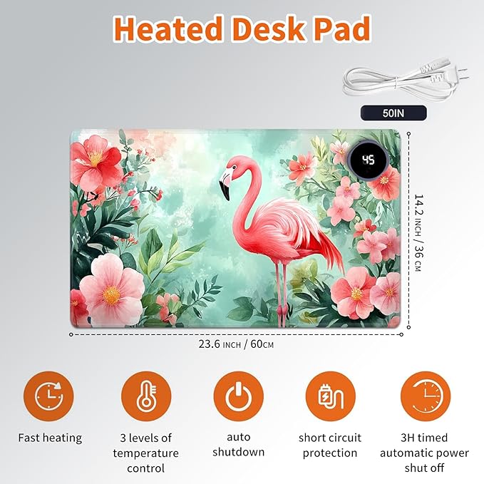 Heated Mouse Pad,Warm Desk Pad with 3 Levels Heating & 3 Hours Auto Shut-Off, PU Leather Heated Desk Pad Warmer Pad for Home Office - 23.6 x 14.2 inch,Beautiful Flamingos