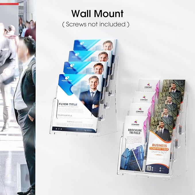 MaxGear Acrylic Brochure Holder 8.5 x 11 inch, 4 Tier Clear Literature Organizer Magazine Stand Display with Removable Divider for 4 x 9 inch Brochures, Pamphlet, Wall Mount or Countertop, 2 Pack
