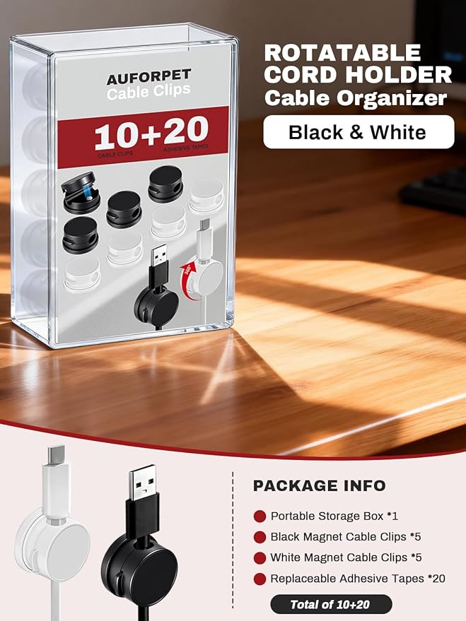 10Pack Magnetic Rotatable Cord Holder with Box, 360°Rotating Clips Cable Organizer for Nightstand, with No-Residue Strong Adhesive for Desk, Phone Cord for Home, Office, Car, Travel Accessories