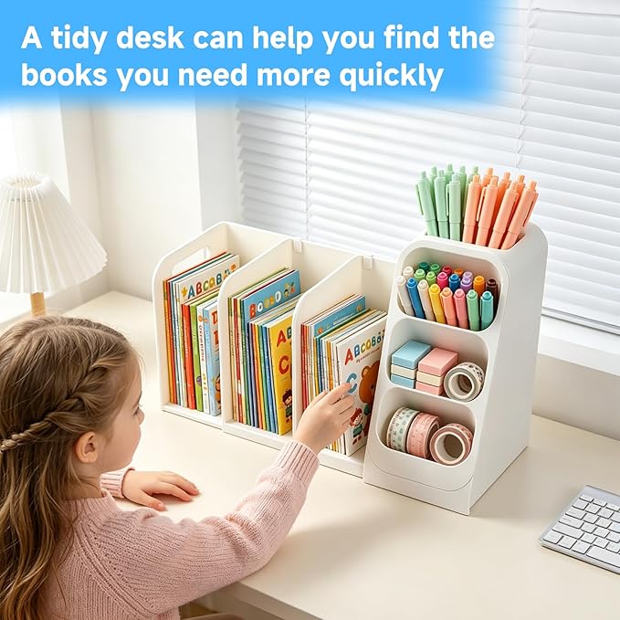 Multifunctional & Retractable Office Desk Organizer and Bookshelf, Small Space Desk Organizer with Magazine File Holder and Pen Holder,Desk Accessories & Workspace Organizers Office Supplies