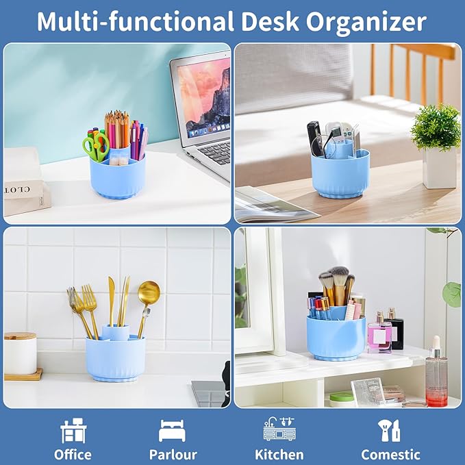 Marbrasse Desk Organizer, 360-Degree Rotating Pen Pencil Holder, Desk Organizers and Accessories with 5 Compartments Pencil Organizer, Art Supply Storage Box Caddy (Sapphire Blue)