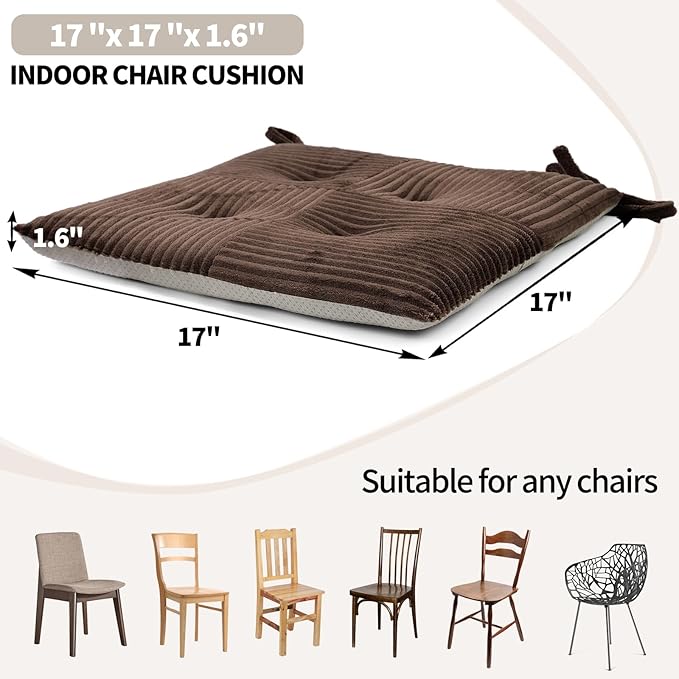 Office Stacking Chair Cushions 4 Pack, Corduroy High Density Foam Kitchen Seat Cushions with Ties, Square 17" x 17" Indoor Non-Slip Dining Chair Pads, Brown, 4pcs
