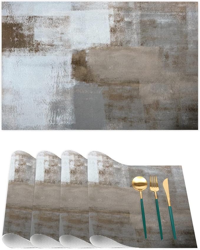 Placemats Set of 4 Grey Modern Abstract Art Washable Heat-Resistant Plastic PVC Table Mat Non-Slip Wipeable Woven Vinyl Place Mats for Outdoor Indoor Patio Dining Kitchen Dinner Table Decor