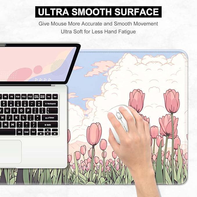Desk Pad, 32" x 16" XXXL Extended Large Gaming Mouse Pad, Desktop Decor Desk Mat, Men Women Office Supplies and Accessories, Cute Anime Mouse Mat for Laptop & Keyboard, Pink Tulip