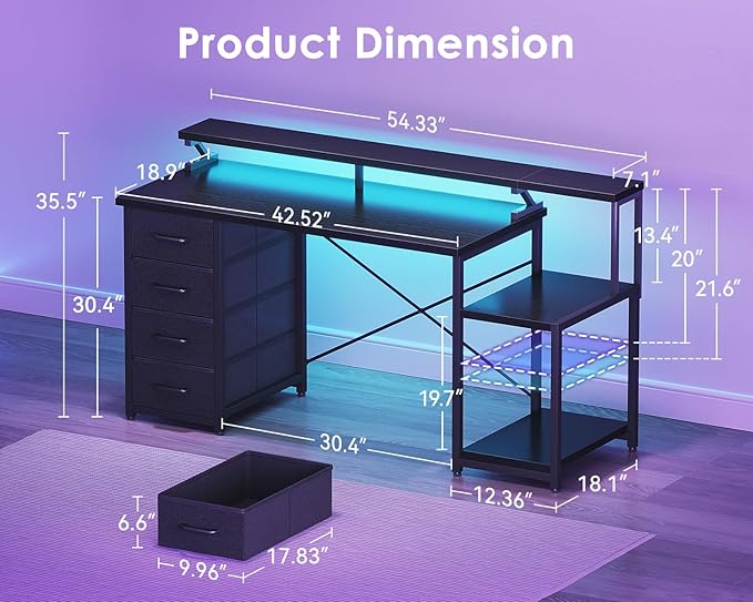 ODK 55 Inch Computer Gaming Desk with LED Lights & 4 Drawers, Home Office Desk with Monitor Stand & Storage Shelves, Black