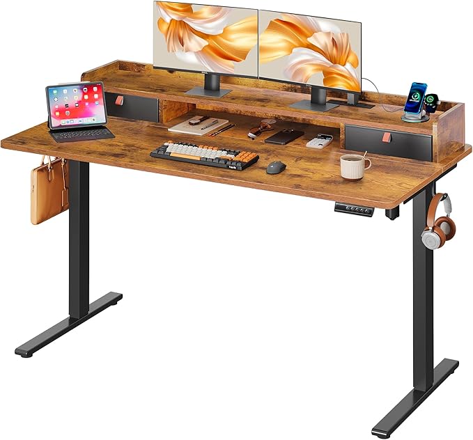 DEVAISE 55 Inch Electric Standing Desk with Shelf, Adjustable Computer Desk for Home Office, with LED Touchscreen，Headphone Hook, 3 Memory Preset, with One-Piece Desktop, Rustic Brown
