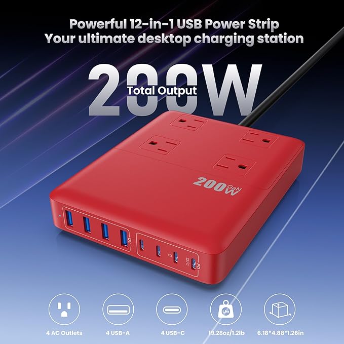 200W Charging Station,12-in-1 USB C Power Strip with Flat Plug and 5ft Extension Cord,4 AC Outlets,4 USB-A,4 USB-C Ports for iPhone 17/16/15,65W PD Fast Laptop Charger for MacBook,Home,Office (Red)
