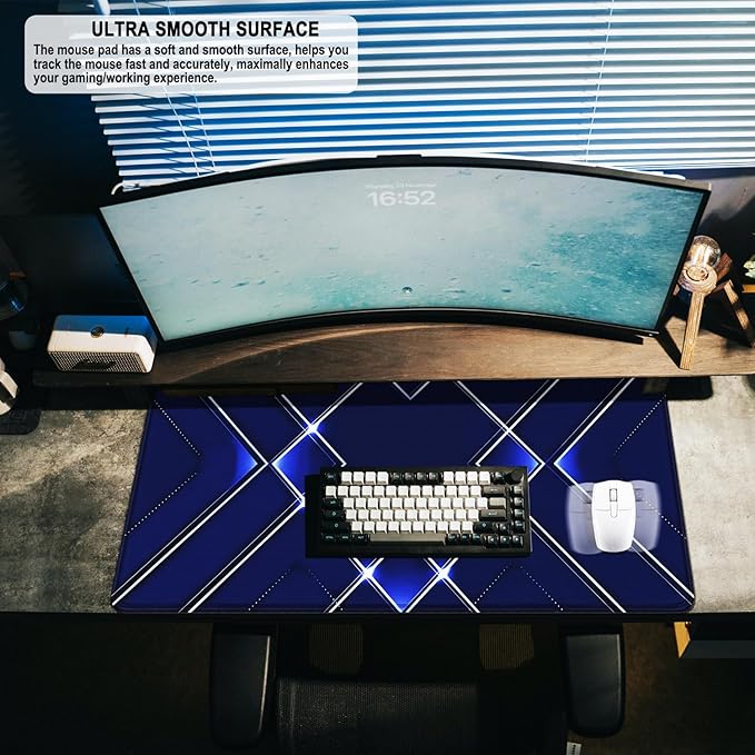 Gaming Mouse Pad, Water Resist Fabric XXL Large Extended Mousepad with Non-Slip Rubber Base, Stitched Edge, Computer Keyboard Mat for Gamer, Office, Home, 31.5" x 15.7", Blue White