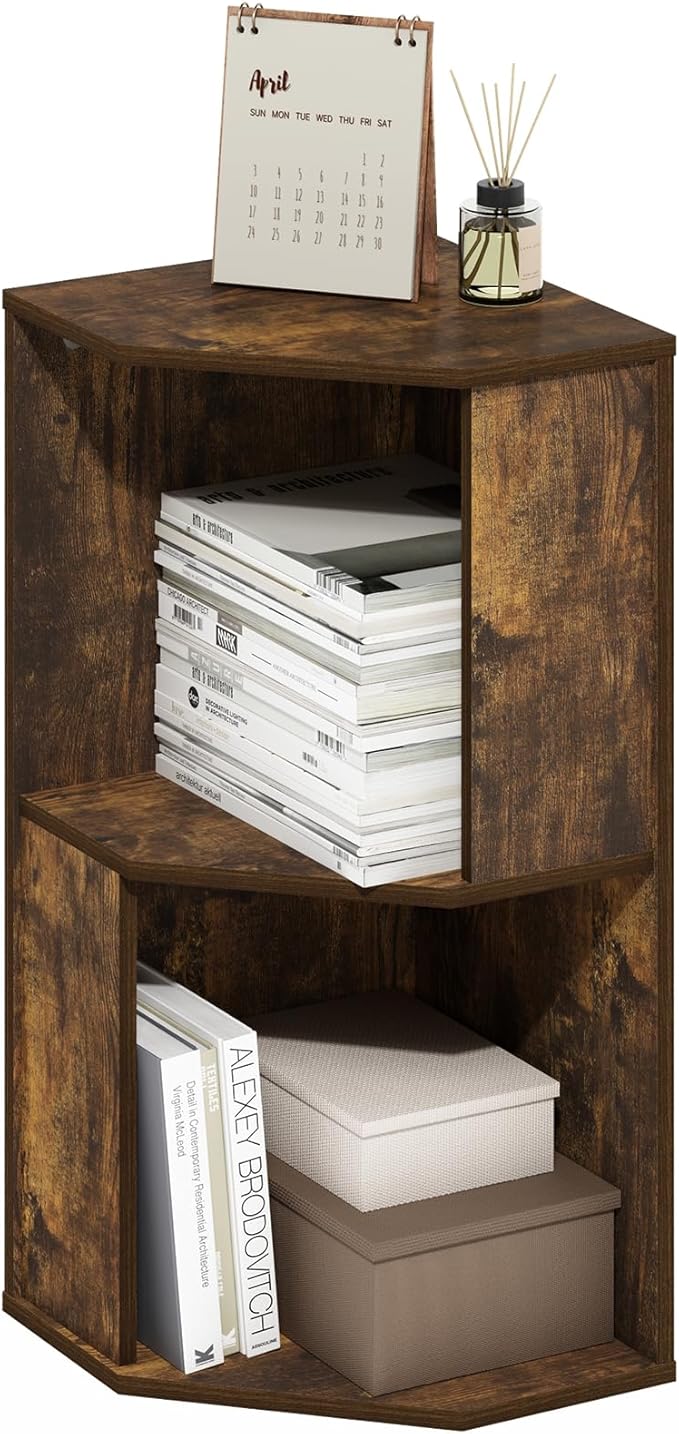Furinno ECON Corner Shelf, 2-Tier Corner Book Shelf, Standing Storage Shelves, Cube Display Rack, Bookshelf, for Organization and Storage, Living Room, Home Office, Amber Pine