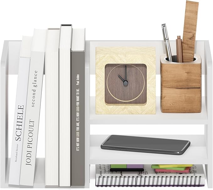 Furinno HERMITE Desk Organizers, Office Organization with Accessories and Vertical File Holder, Desktop Book Shelf, for Office Supplies, Desk Accessories, for Study Room, Dorm, White